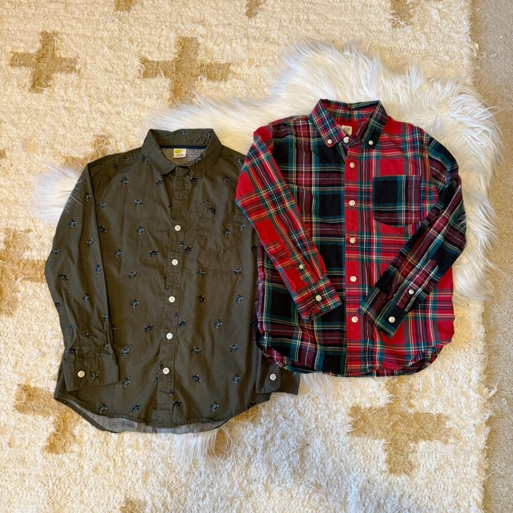 Gap & Crazy 8 Holiday Print Button Down Shirt Bundle 7-8
